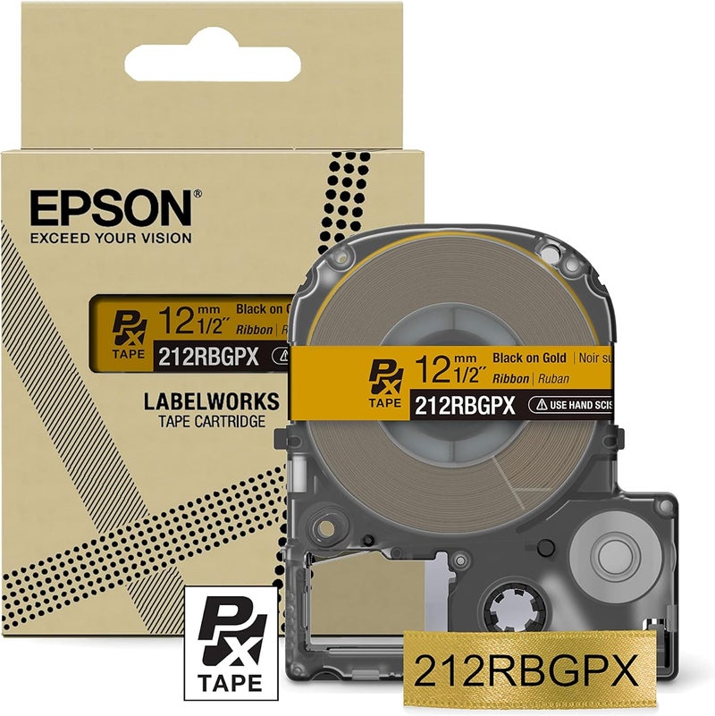 LABELWORKS Epson 212RBGPX Genuine PET (Polyester) Tape Cartridge - Black on Gold Ribbon Designer Craft Label Maker Tape - 1/2" (12MM) Wide, 16' - Image 1